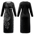 New Zealand Ta Moko Silver Fern Couples Matching Long Sleeve Bodycon Dress and Hawaiian Shirt Taniko Taniwha Motifs