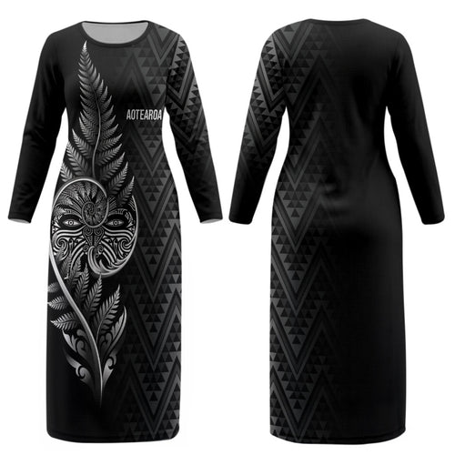 New Zealand Ta Moko Silver Fern Couples Matching Long Sleeve Bodycon Dress and Hawaiian Shirt Taniko Taniwha Motifs
