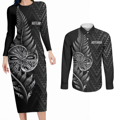 New Zealand Ta Moko Silver Fern Couples Matching Long Sleeve Bodycon Dress and Long Sleeve Button Shirt Taniko Taniwha Motifs