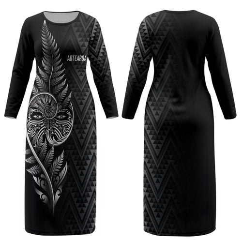 New Zealand Ta Moko Silver Fern Couples Matching Long Sleeve Bodycon Dress and Long Sleeve Button Shirt Taniko Taniwha Motifs