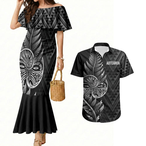 New Zealand Ta Moko Silver Fern Couples Matching Mermaid Dress and Hawaiian Shirt Taniko Taniwha Motifs