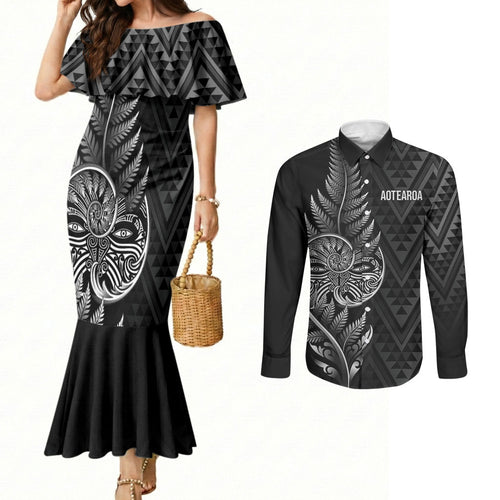 New Zealand Ta Moko Silver Fern Couples Matching Mermaid Dress and Long Sleeve Button Shirt Taniko Taniwha Motifs