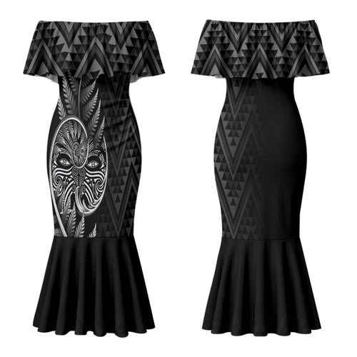 New Zealand Ta Moko Silver Fern Couples Matching Mermaid Dress and Long Sleeve Button Shirt Taniko Taniwha Motifs