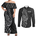 New Zealand Ta Moko Silver Fern Couples Matching Off Shoulder Maxi Dress and Long Sleeve Button Shirt Taniko Taniwha Motifs