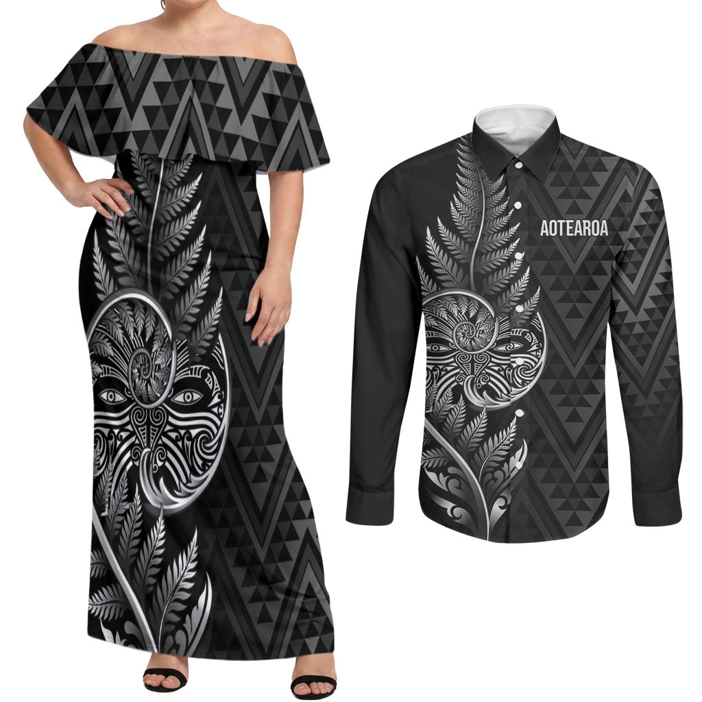 New Zealand Ta Moko Silver Fern Couples Matching Off Shoulder Maxi Dress and Long Sleeve Button Shirt Taniko Taniwha Motifs