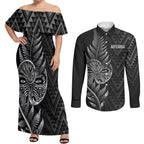 New Zealand Ta Moko Silver Fern Couples Matching Off Shoulder Maxi Dress and Long Sleeve Button Shirt Taniko Taniwha Motifs