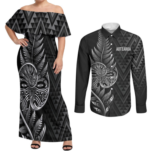 New Zealand Ta Moko Silver Fern Couples Matching Off Shoulder Maxi Dress and Long Sleeve Button Shirt Taniko Taniwha Motifs