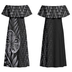 New Zealand Ta Moko Silver Fern Couples Matching Off Shoulder Maxi Dress and Long Sleeve Button Shirt Taniko Taniwha Motifs