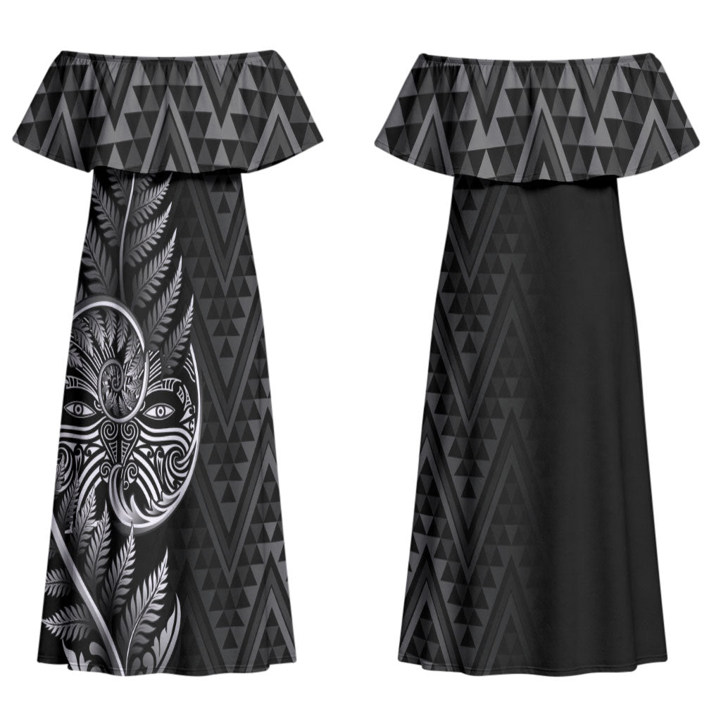 New Zealand Ta Moko Silver Fern Couples Matching Off Shoulder Maxi Dress and Long Sleeve Button Shirt Taniko Taniwha Motifs
