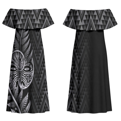 New Zealand Ta Moko Silver Fern Couples Matching Off Shoulder Maxi Dress and Long Sleeve Button Shirt Taniko Taniwha Motifs