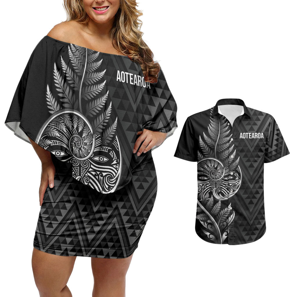 New Zealand Ta Moko Silver Fern Couples Matching Off Shoulder Short Dress and Hawaiian Shirt Taniko Taniwha Motifs