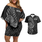 New Zealand Ta Moko Silver Fern Couples Matching Off Shoulder Short Dress and Hawaiian Shirt Taniko Taniwha Motifs