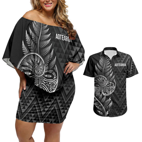 New Zealand Ta Moko Silver Fern Couples Matching Off Shoulder Short Dress and Hawaiian Shirt Taniko Taniwha Motifs