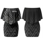 New Zealand Ta Moko Silver Fern Couples Matching Off Shoulder Short Dress and Hawaiian Shirt Taniko Taniwha Motifs