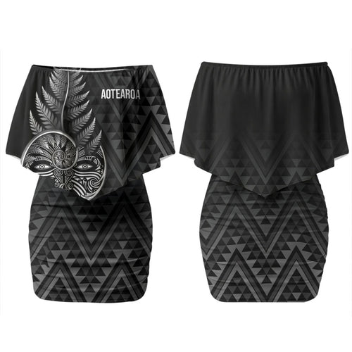 New Zealand Ta Moko Silver Fern Couples Matching Off Shoulder Short Dress and Hawaiian Shirt Taniko Taniwha Motifs