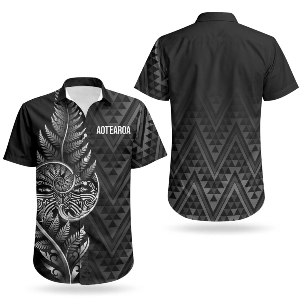 New Zealand Ta Moko Silver Fern Couples Matching Off Shoulder Short Dress and Hawaiian Shirt Taniko Taniwha Motifs