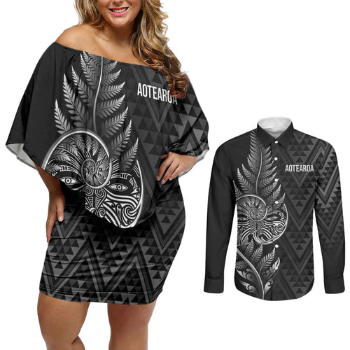 New Zealand Ta Moko Silver Fern Couples Matching Off Shoulder Short Dress and Long Sleeve Button Shirt Taniko Taniwha Motifs