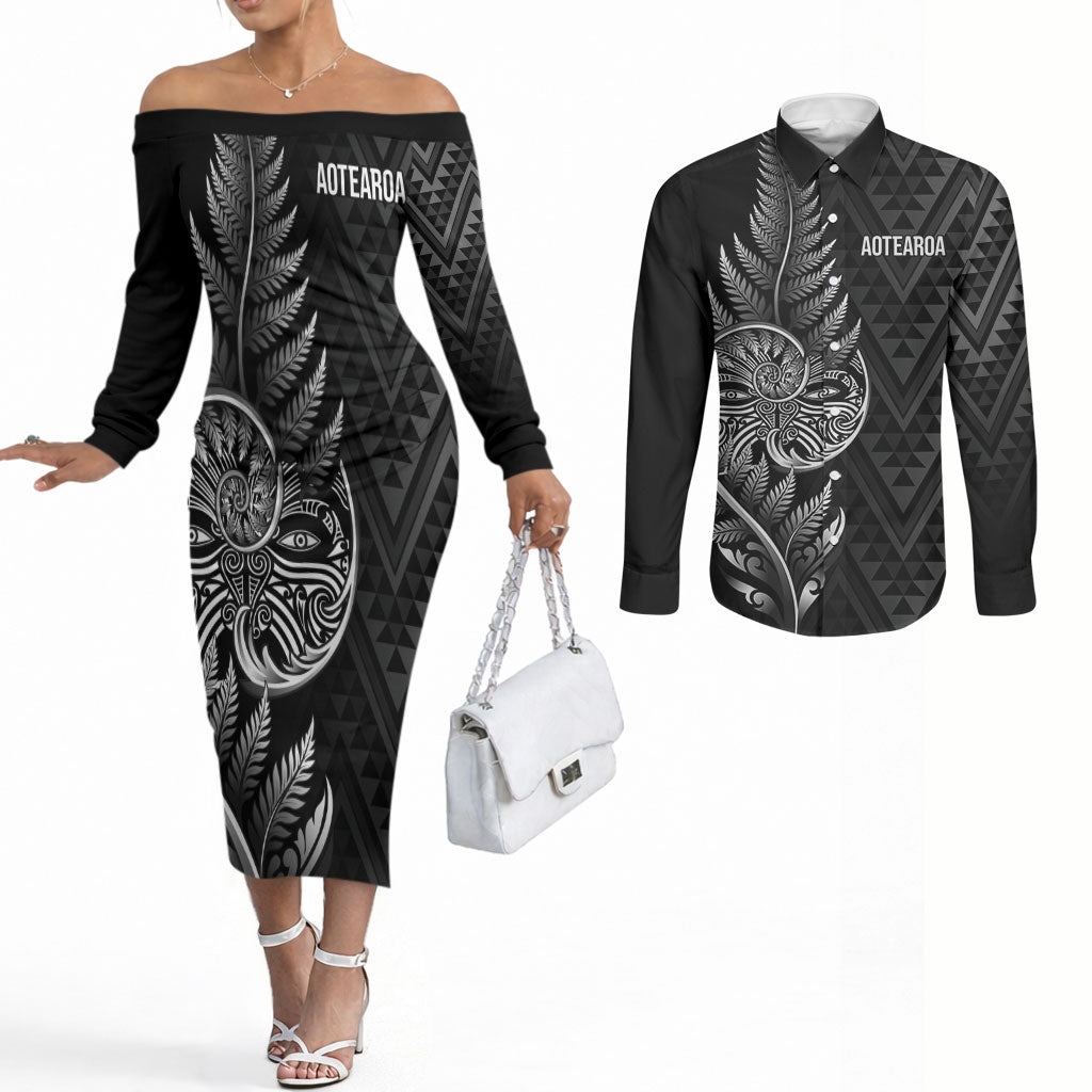New Zealand Ta Moko Silver Fern Couples Matching Off The Shoulder Long Sleeve Dress and Long Sleeve Button Shirt Taniko Taniwha Motifs