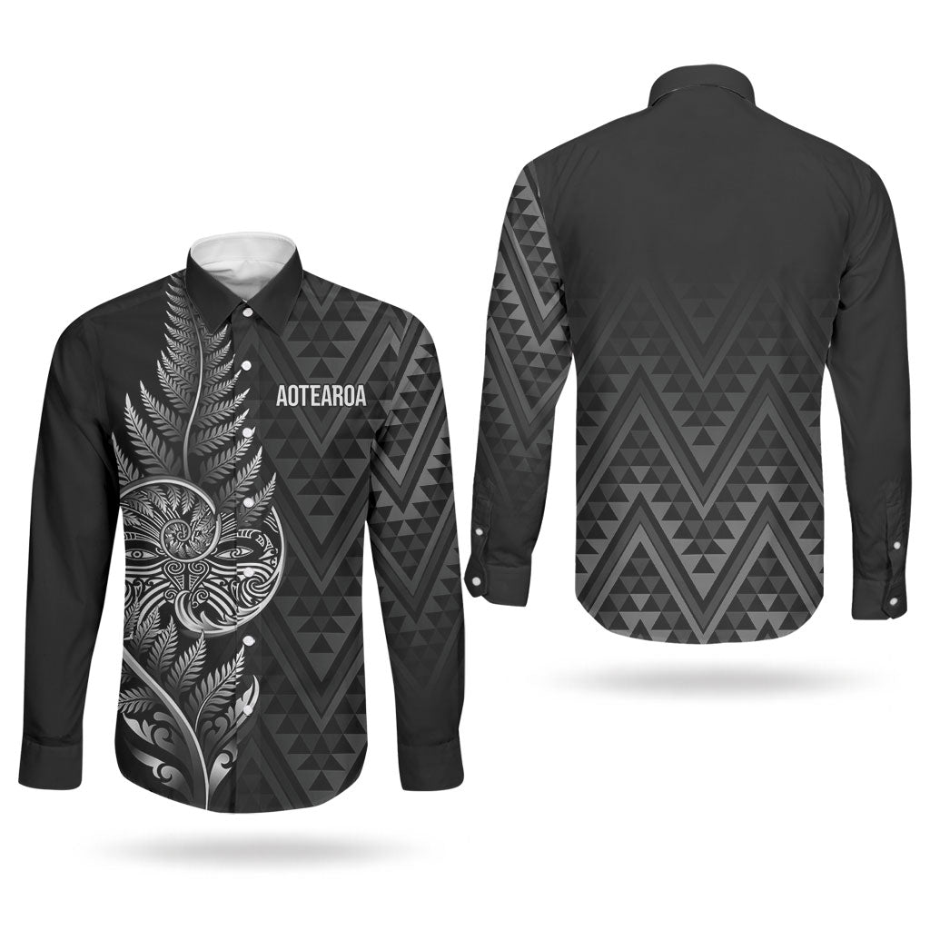 New Zealand Ta Moko Silver Fern Couples Matching Off The Shoulder Long Sleeve Dress and Long Sleeve Button Shirt Taniko Taniwha Motifs