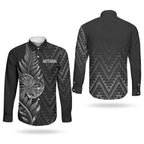 New Zealand Ta Moko Silver Fern Couples Matching Off The Shoulder Long Sleeve Dress and Long Sleeve Button Shirt Taniko Taniwha Motifs