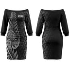 New Zealand Ta Moko Silver Fern Couples Matching Off The Shoulder Long Sleeve Dress and Long Sleeve Button Shirt Taniko Taniwha Motifs