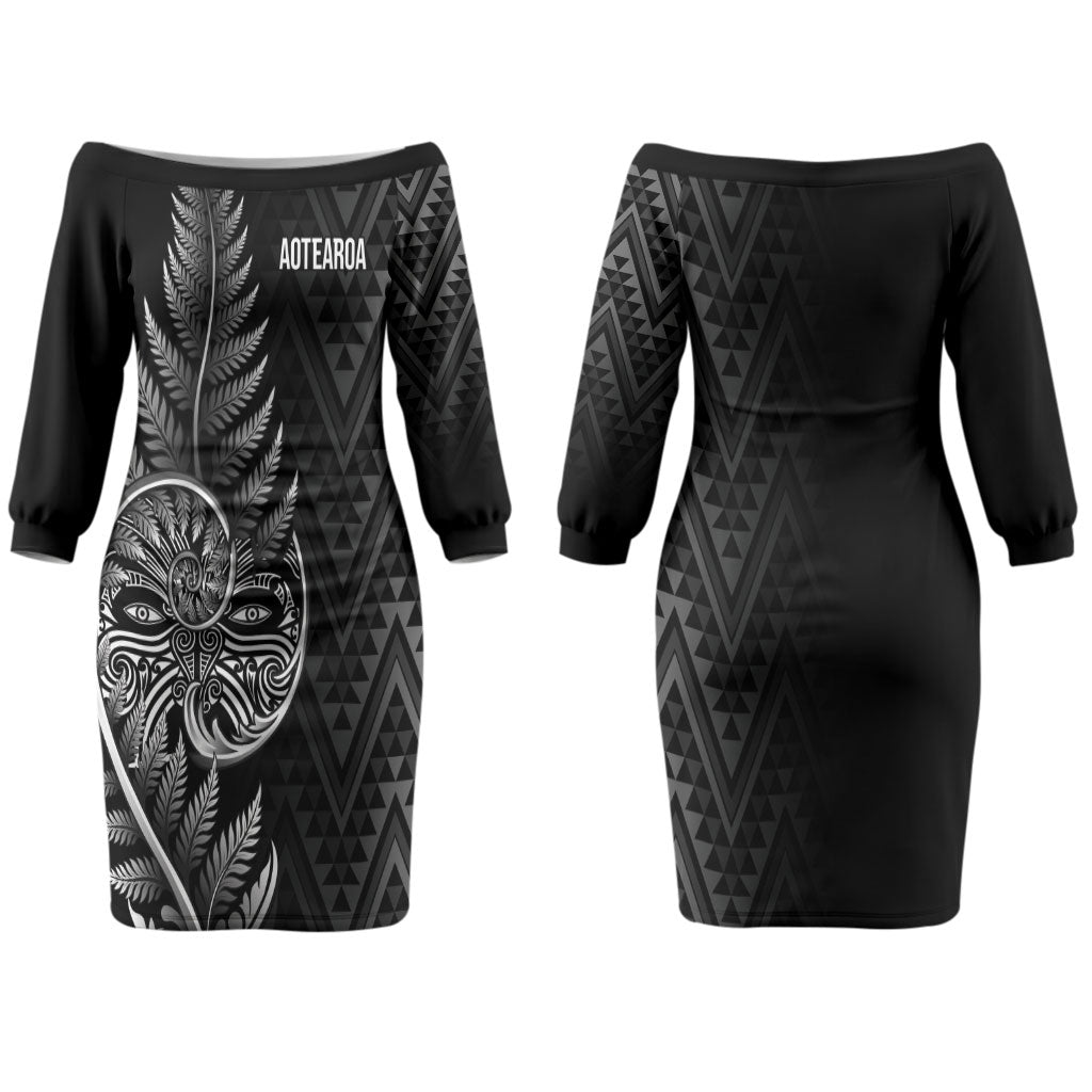 New Zealand Ta Moko Silver Fern Couples Matching Off The Shoulder Long Sleeve Dress and Long Sleeve Button Shirt Taniko Taniwha Motifs