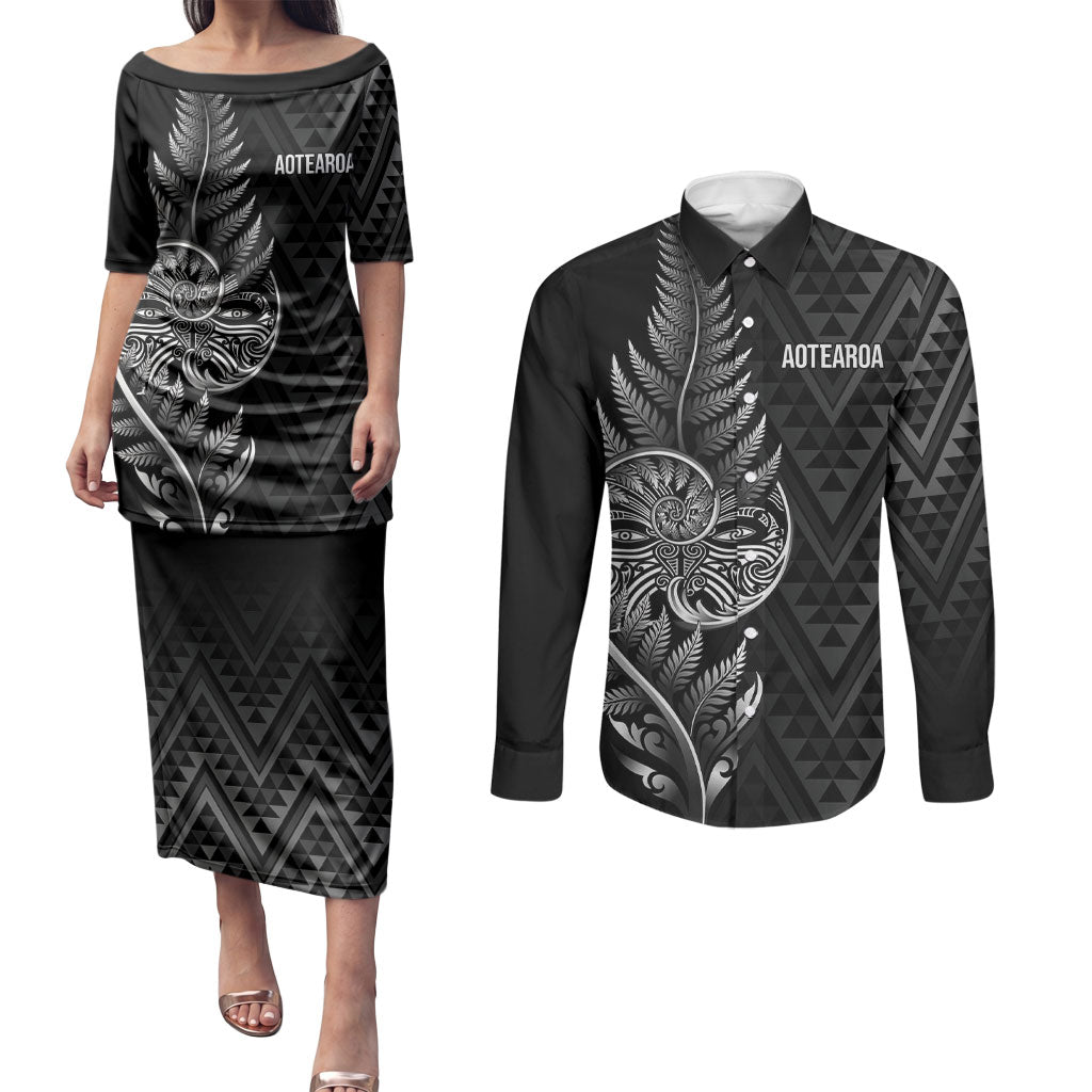 New Zealand Ta Moko Silver Fern Couples Matching Puletasi and Long Sleeve Button Shirt Taniko Taniwha Motifs