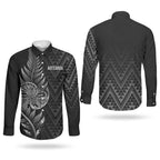 New Zealand Ta Moko Silver Fern Couples Matching Puletasi and Long Sleeve Button Shirt Taniko Taniwha Motifs