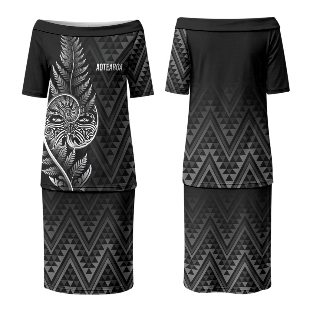 New Zealand Ta Moko Silver Fern Couples Matching Puletasi and Long Sleeve Button Shirt Taniko Taniwha Motifs