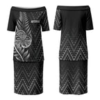 New Zealand Ta Moko Silver Fern Couples Matching Puletasi and Long Sleeve Button Shirt Taniko Taniwha Motifs