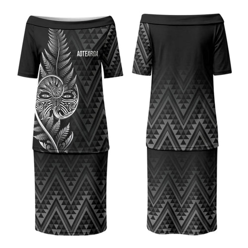 New Zealand Ta Moko Silver Fern Couples Matching Puletasi and Long Sleeve Button Shirt Taniko Taniwha Motifs