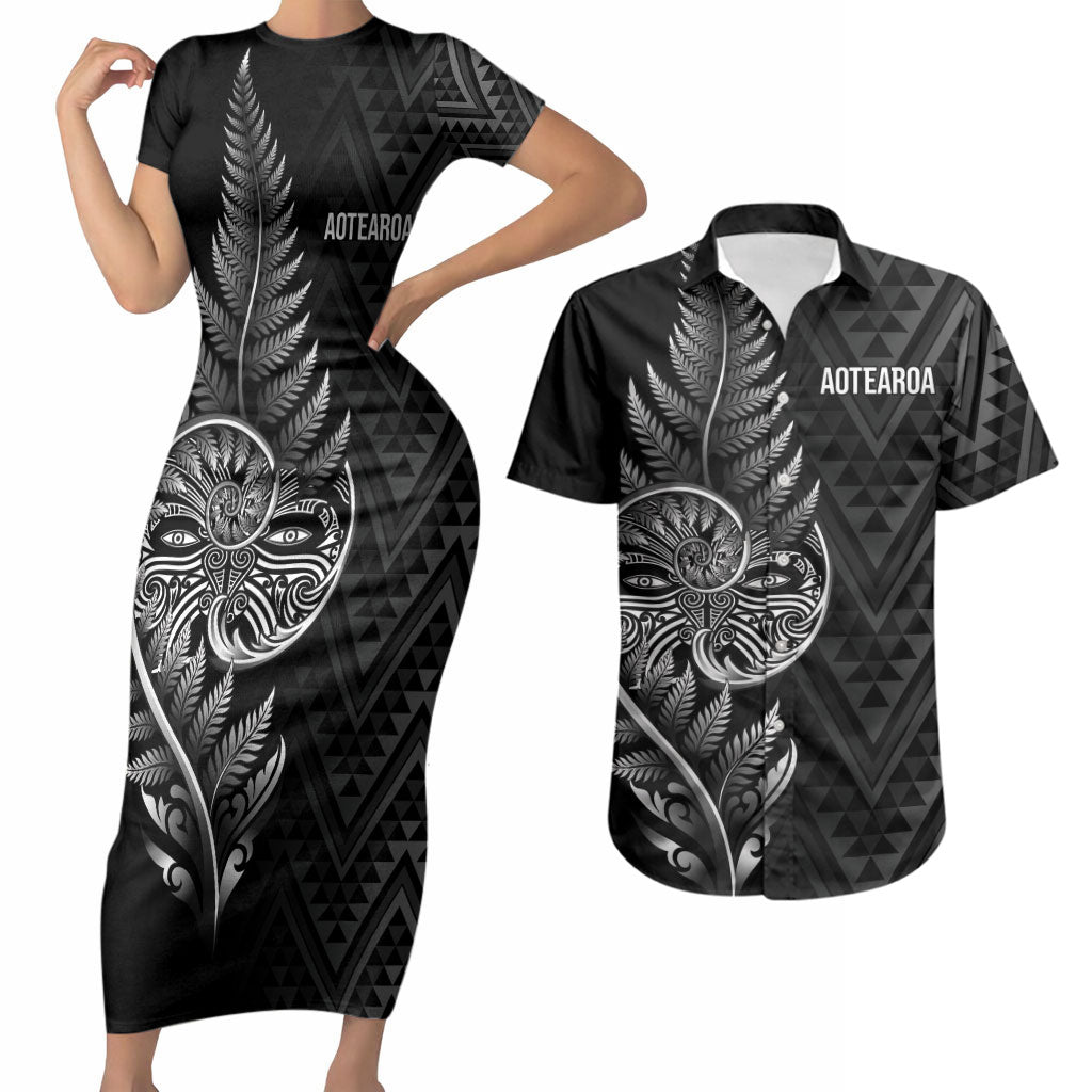 New Zealand Ta Moko Silver Fern Couples Matching Short Sleeve Bodycon Dress and Hawaiian Shirt Taniko Taniwha Motifs