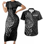 New Zealand Ta Moko Silver Fern Couples Matching Short Sleeve Bodycon Dress and Hawaiian Shirt Taniko Taniwha Motifs