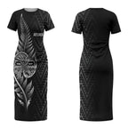 New Zealand Ta Moko Silver Fern Couples Matching Short Sleeve Bodycon Dress and Hawaiian Shirt Taniko Taniwha Motifs