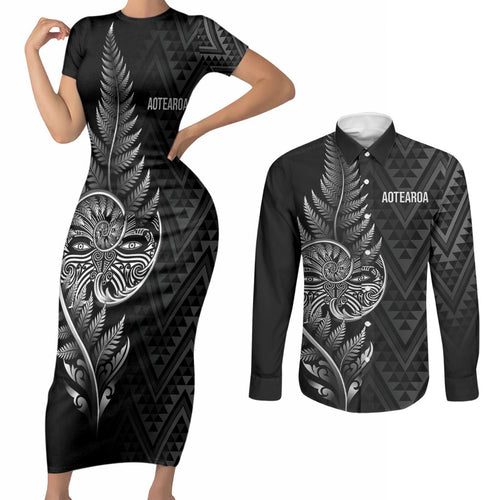 New Zealand Ta Moko Silver Fern Couples Matching Short Sleeve Bodycon Dress and Long Sleeve Button Shirt Taniko Taniwha Motifs