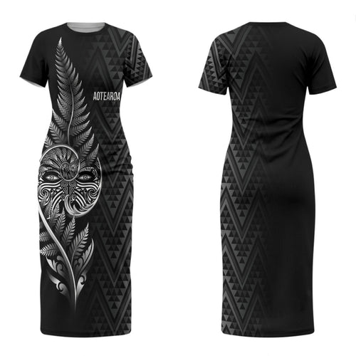 New Zealand Ta Moko Silver Fern Couples Matching Short Sleeve Bodycon Dress and Long Sleeve Button Shirt Taniko Taniwha Motifs