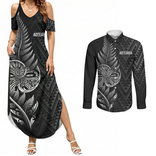 New Zealand Ta Moko Silver Fern Couples Matching Summer Maxi Dress and Long Sleeve Button Shirt Taniko Taniwha Motifs