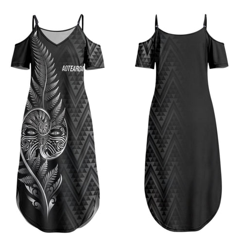 New Zealand Ta Moko Silver Fern Couples Matching Summer Maxi Dress and Long Sleeve Button Shirt Taniko Taniwha Motifs