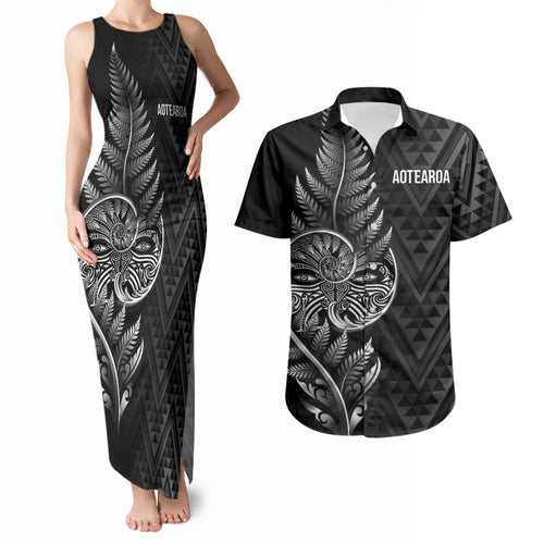 New Zealand Ta Moko Silver Fern Couples Matching Tank Maxi Dress and Hawaiian Shirt Taniko Taniwha Motifs