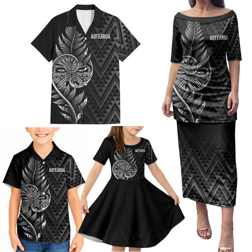 New Zealand Ta Moko Silver Fern Family Matching Puletasi and Hawaiian Shirt Taniko Taniwha Motifs