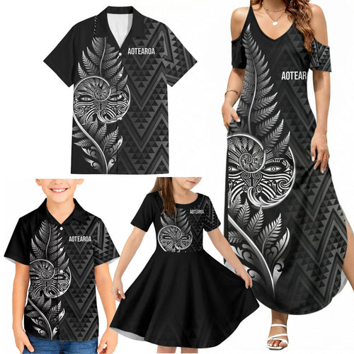 New Zealand Ta Moko Silver Fern Family Matching Summer Maxi Dress and Hawaiian Shirt Taniko Taniwha Motifs