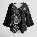 New Zealand Ta Moko Silver Fern Kimono Sleeve Blouse Taniko Taniwha Motifs