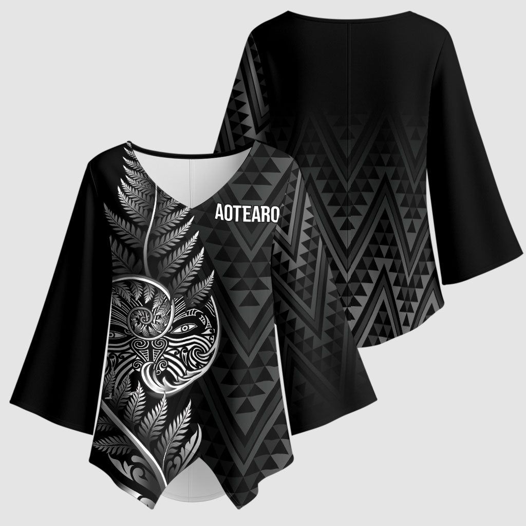 New Zealand Ta Moko Silver Fern Kimono Sleeve Blouse Taniko Taniwha Motifs