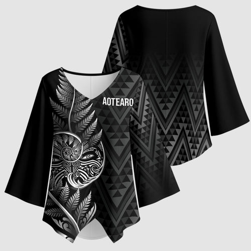 New Zealand Ta Moko Silver Fern Kimono Sleeve Blouse Taniko Taniwha Motifs