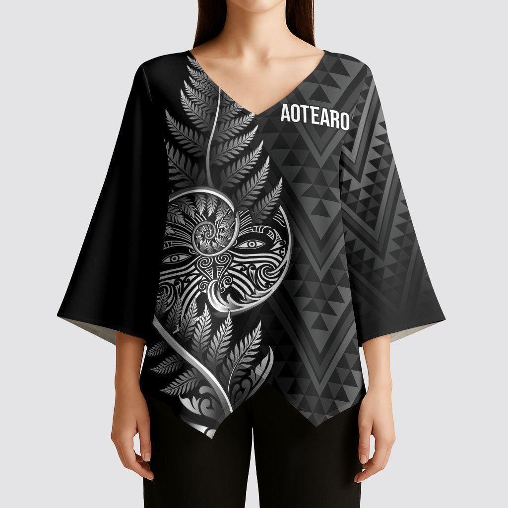 New Zealand Ta Moko Silver Fern Kimono Sleeve Blouse Taniko Taniwha Motifs