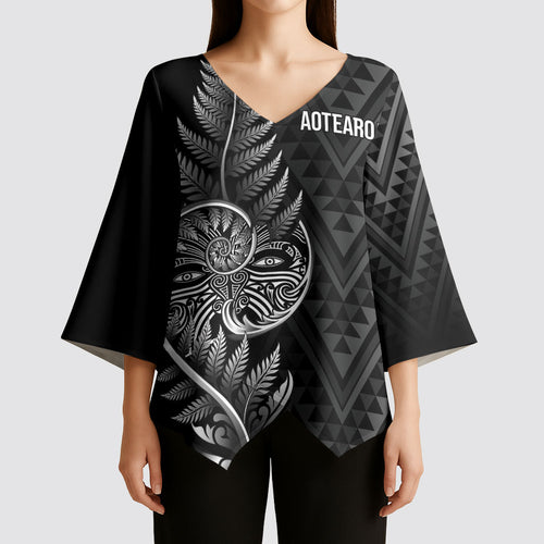New Zealand Ta Moko Silver Fern Kimono Sleeve Blouse Taniko Taniwha Motifs