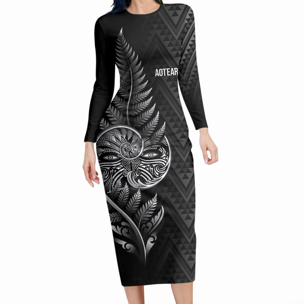 New Zealand Ta Moko Silver Fern Long Sleeve Bodycon Dress Taniko Taniwha Motifs