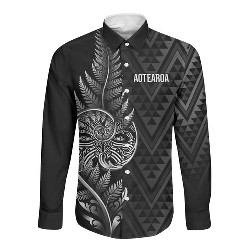 New Zealand Ta Moko Silver Fern Long Sleeve Button Shirt Taniko Taniwha Motifs