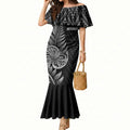 New Zealand Ta Moko Silver Fern Mermaid Dress Taniko Taniwha Motifs