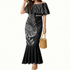 New Zealand Ta Moko Silver Fern Mermaid Dress Taniko Taniwha Motifs